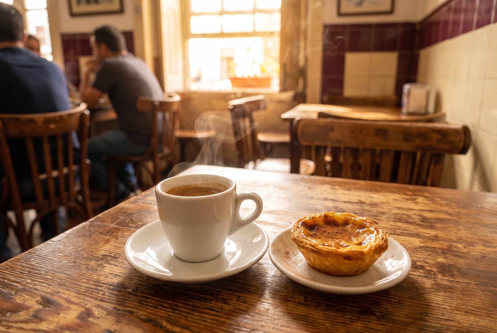 A short strong Portuguese espresso bica beside a custard tart