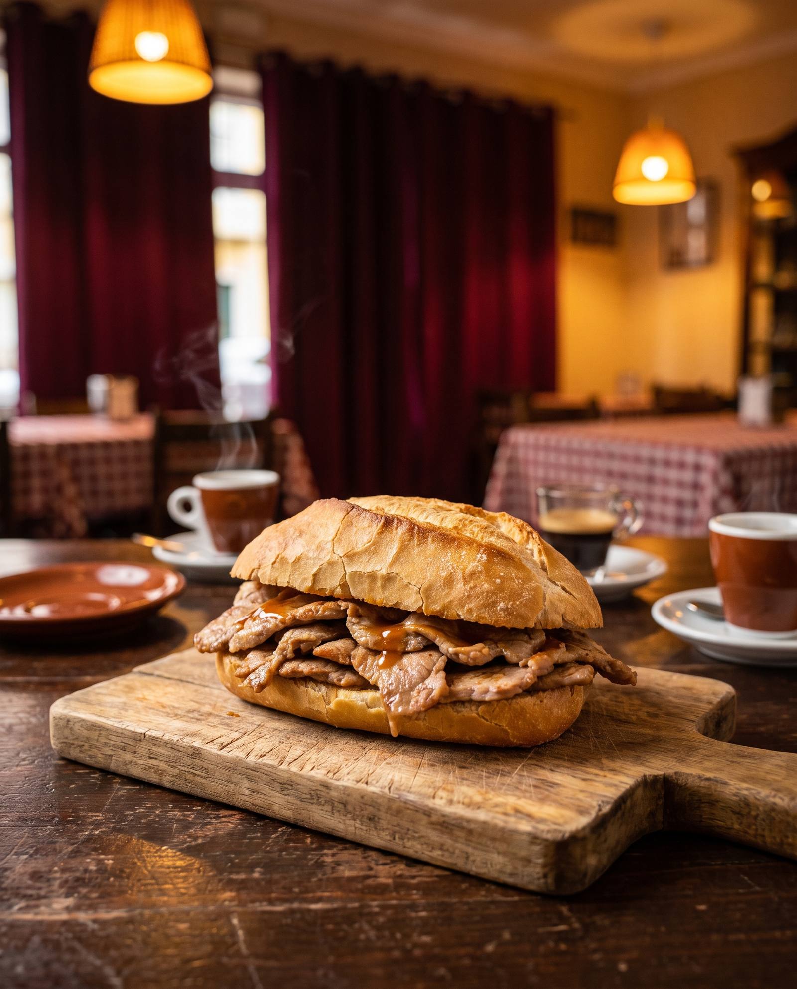 A traditional Portuguese bifana pork roll on a wooden board
