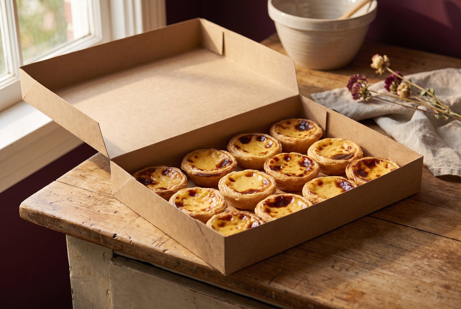 A kraft box filled with rows of Portuguese custard tarts