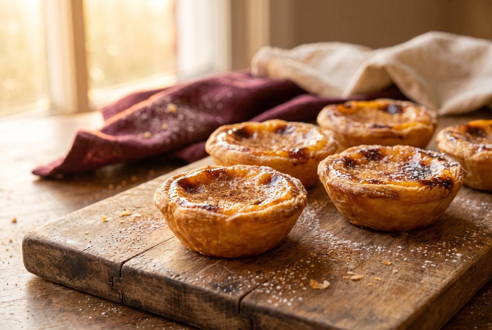 Freshly baked Portuguese pastel de nata custard tarts dusted with cinnamon on a wooden board