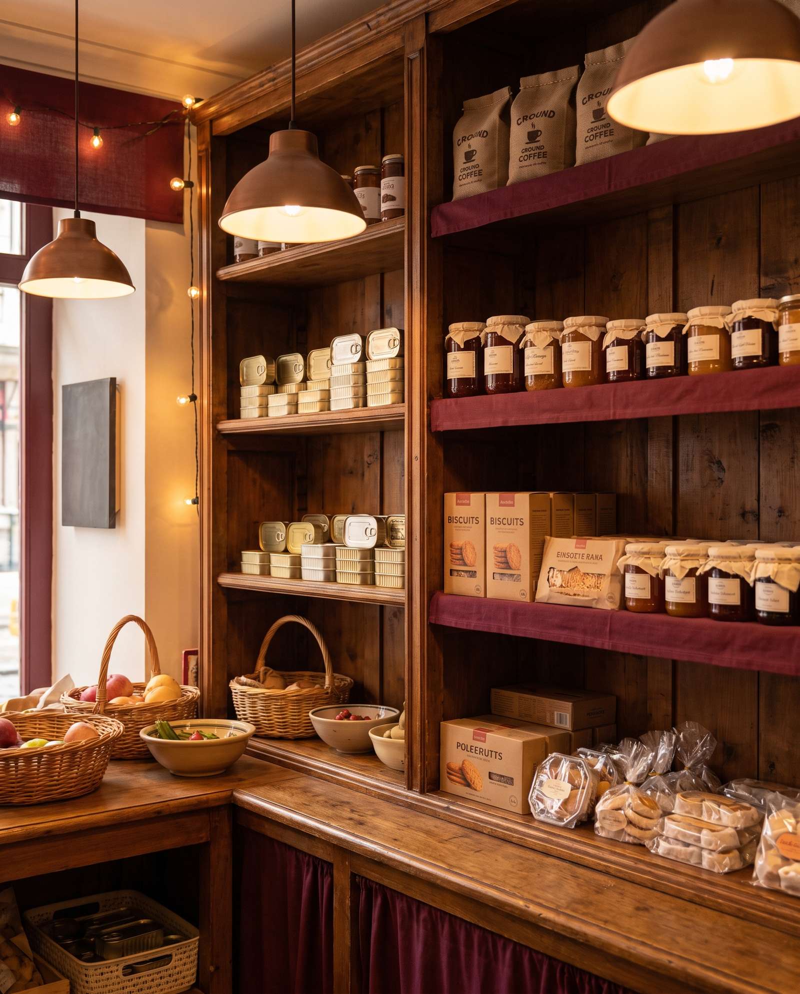 Warm wooden shelves stocked with Portuguese conserves, coffee, preserves and biscuits
