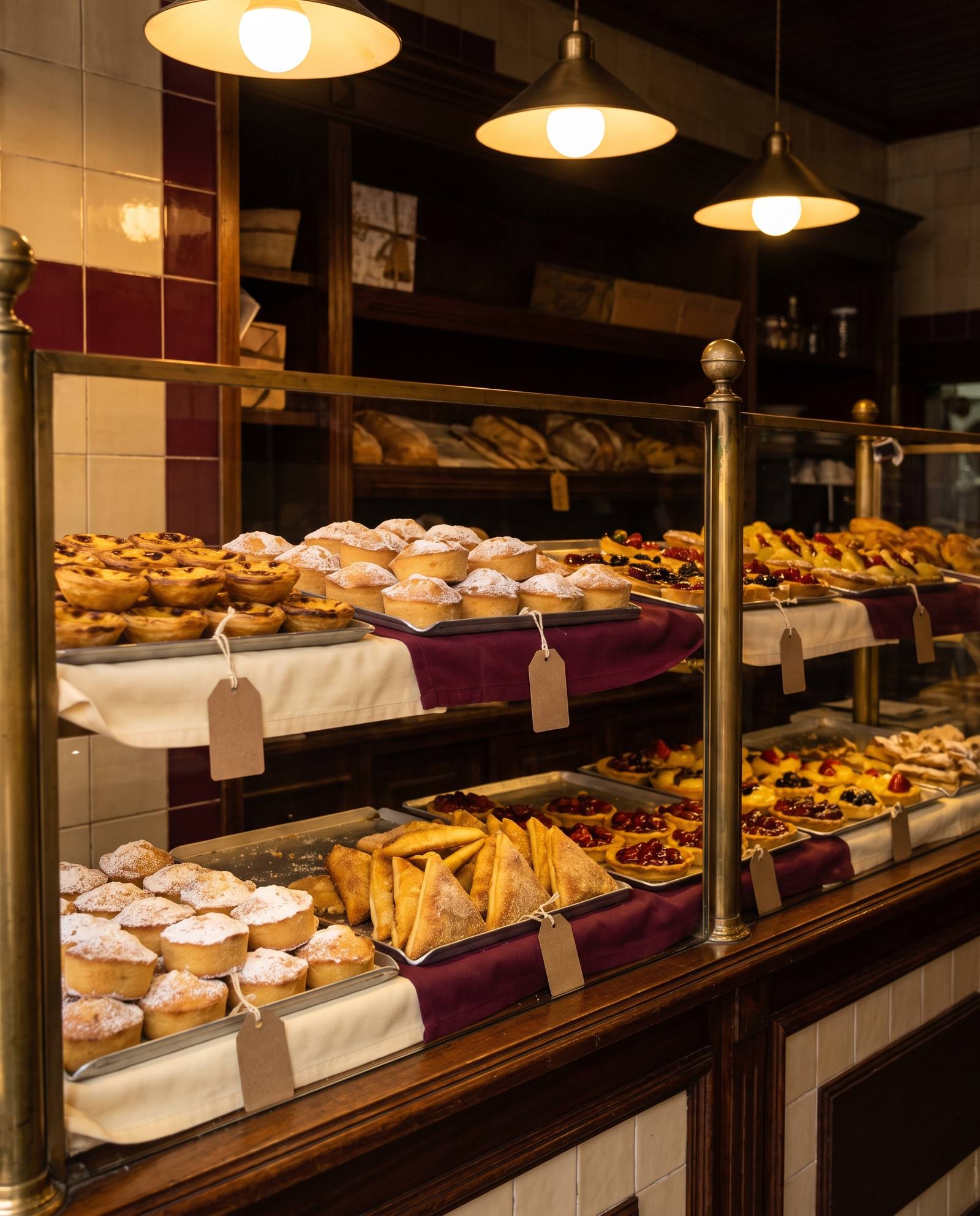 A pastry display filled with golden Portuguese custard tarts and cakes
